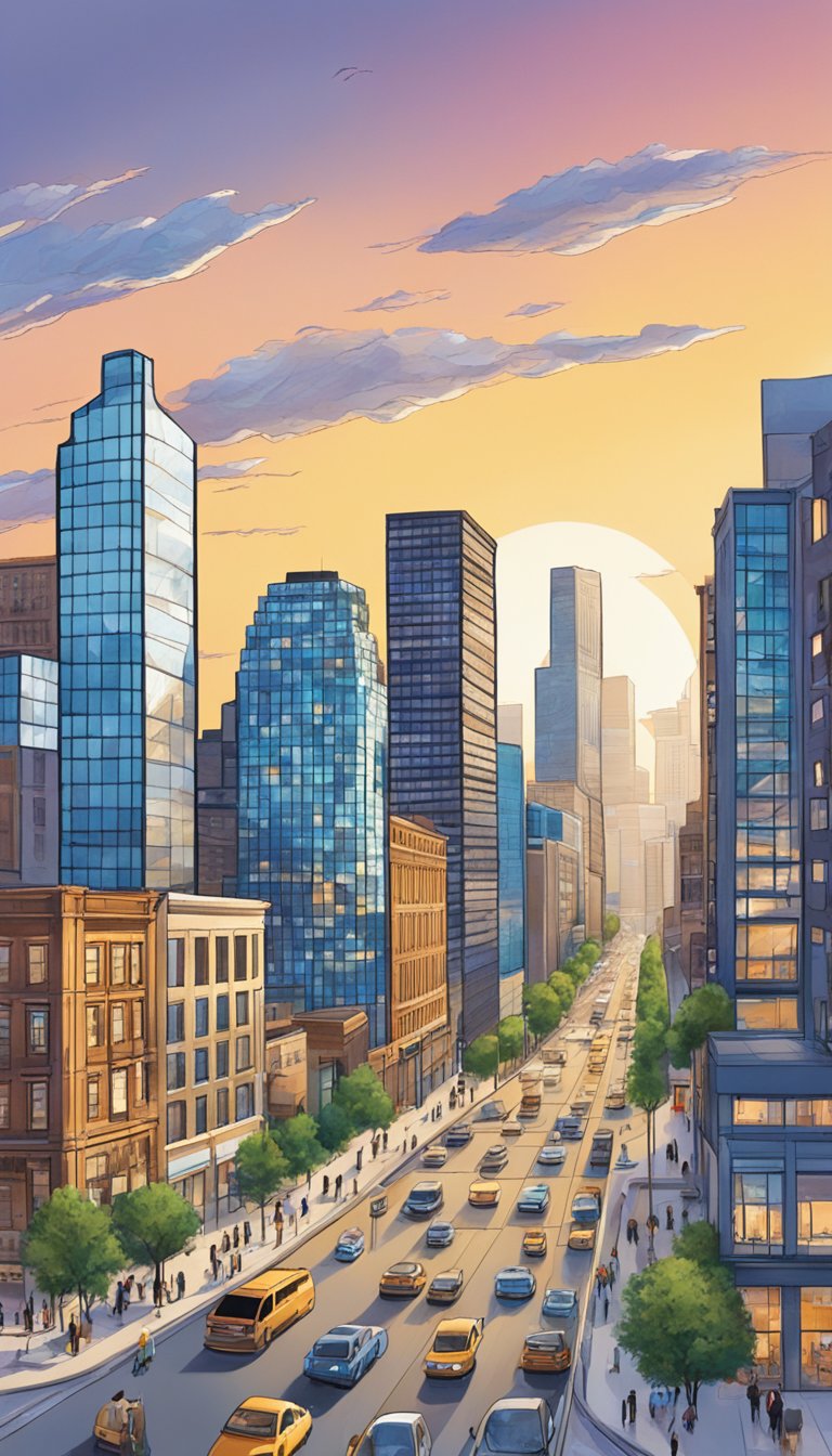 A bustling cityscape with skyscrapers and busy streets, showcasing the hustle and bustle of Denver's entrepreneurial scene. The image should convey a sense of conflict and resolution, with a focus on mediation