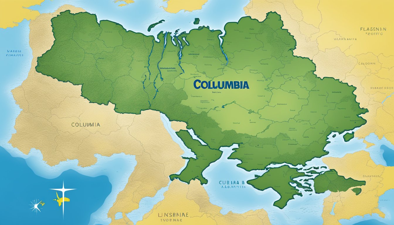 Columbia Sportswear's logo displayed with a map of Ukraine in the background