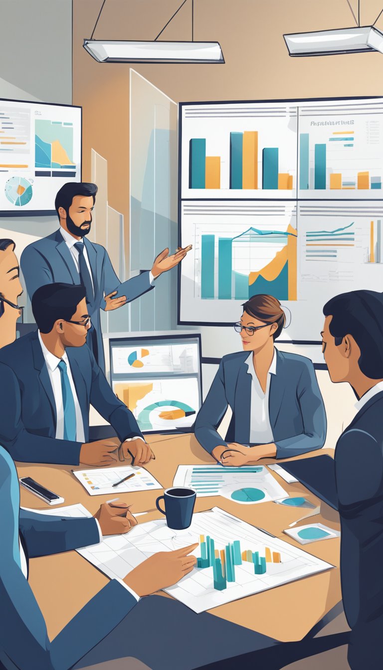 A conference room with two opposing business owners and a mediator facilitating a discussion. Charts and graphs on the walls show business data