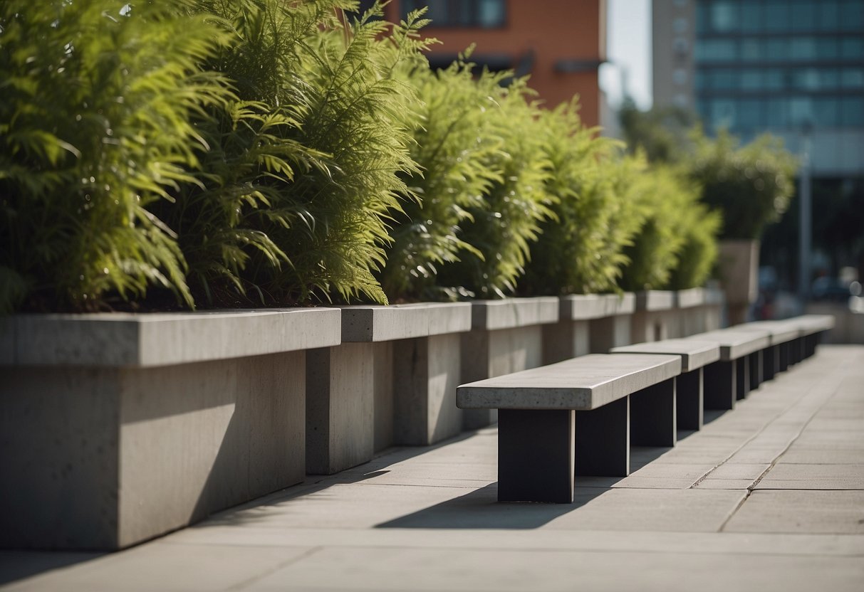 A row of modern concrete benches and a matching table, surrounded by potted plants, on a wide sidewalk