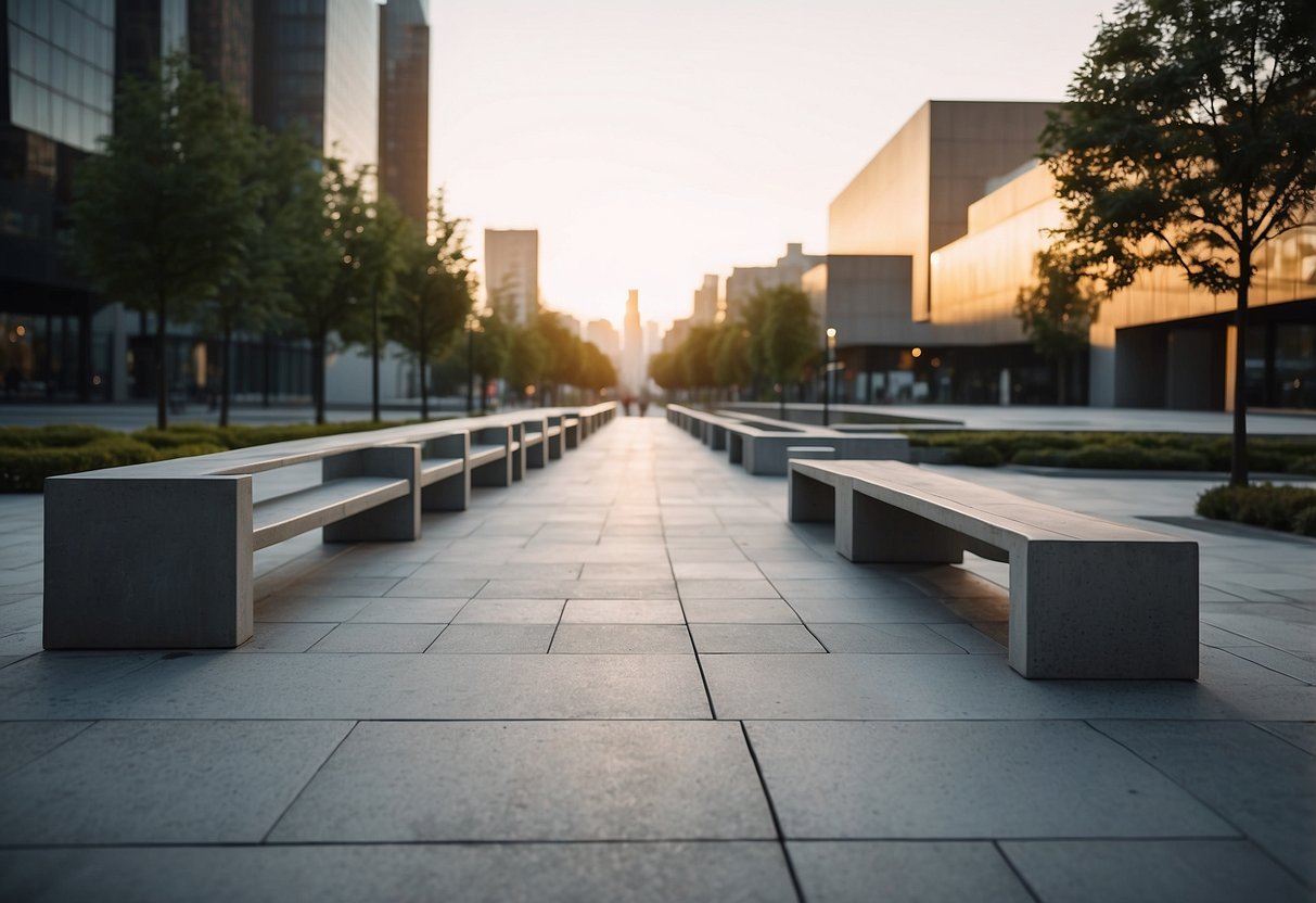 A modern city square with sleek concrete benches, minimalist trash bins, and angular light fixtures