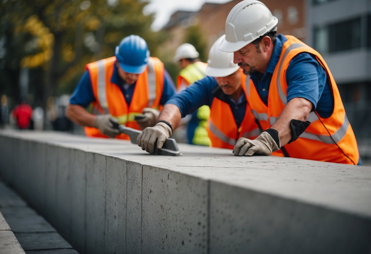 Concrete street furniture being installed by workers in a functional urban setting