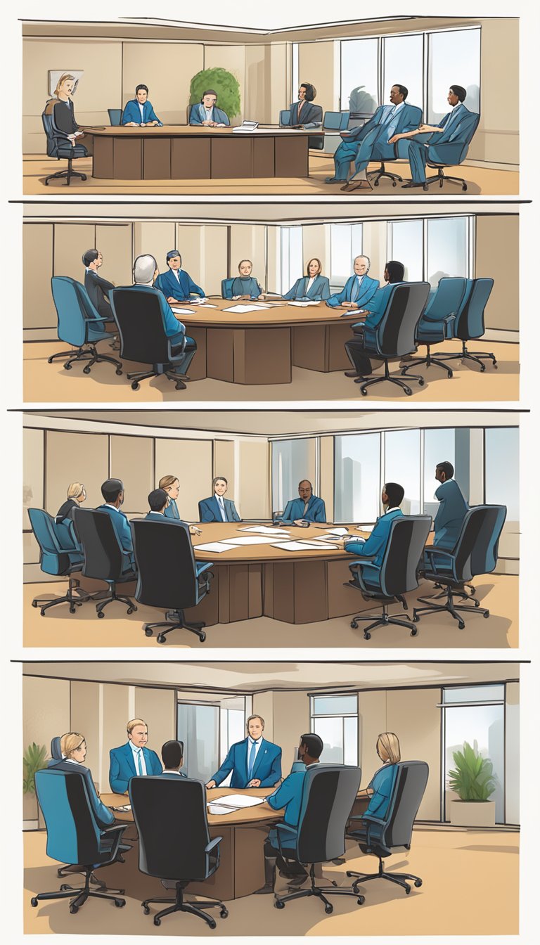 A conference room with two opposing business owners, a mediator facilitating discussion, and a resolution agreement being signed