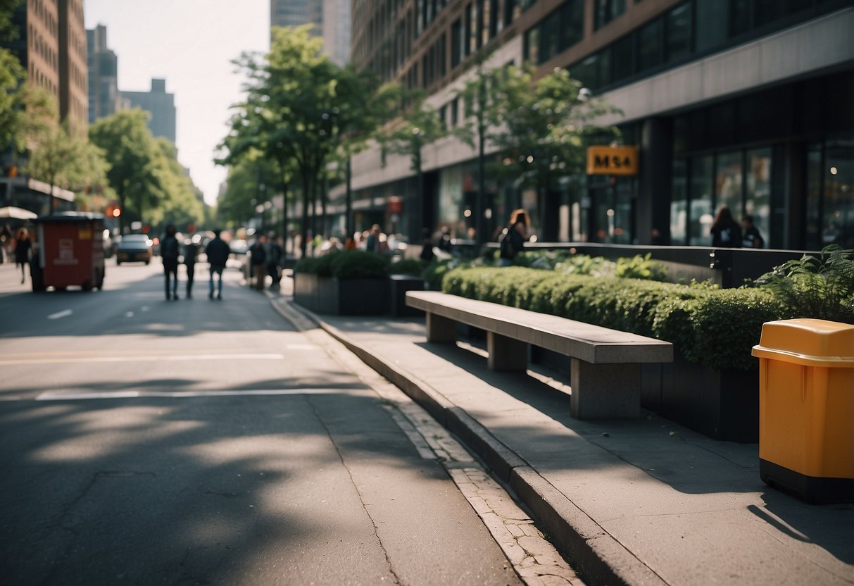 A bustling city street with modern concrete benches, trash cans, and signage, surrounded by pedestrians and vehicles
