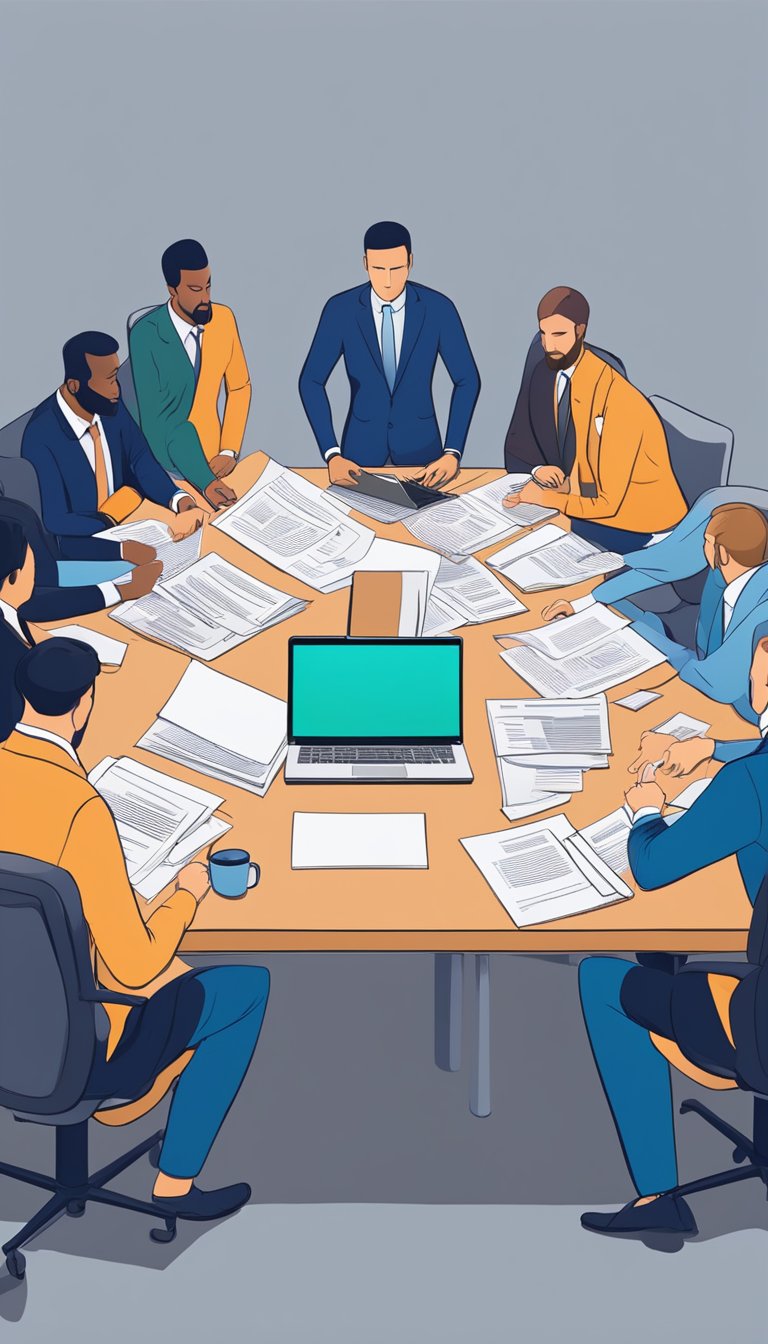 Business professionals gather around a table with documents and laptops, ready for mediation. A mediator stands at the head of the table, facilitating the discussion