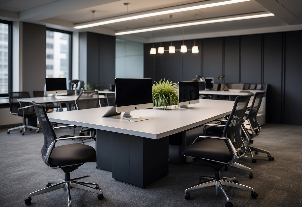 A modern office space with sleek, ergonomic desks and chairs, modular workstations, and collaborative meeting areas with stylish and functional furniture solutions