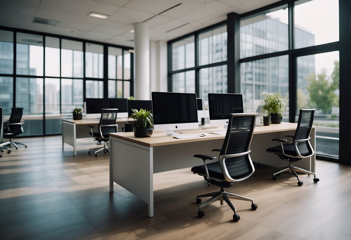 A modern office space with sleek, ergonomic furniture and clean lines. The room is filled with functional workstations, comfortable seating, and stylish storage solutions