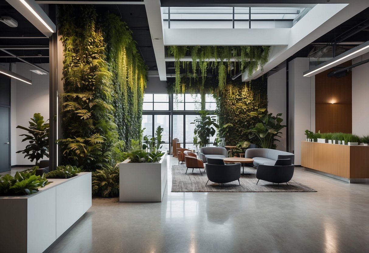A modern, sleek office space with eco-friendly furniture and greenery. Clean lines and natural materials showcase a commitment to sustainability in corporate design