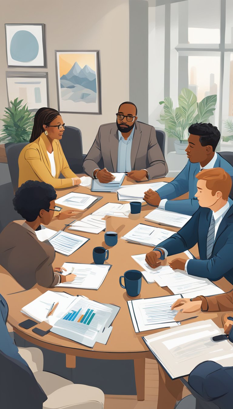 A group of Denver entrepreneurs sit around a table, engaged in a mediation session to resolve a business conflict. The mediator facilitates the discussion, while the entrepreneurs listen and participate in finding a resolution