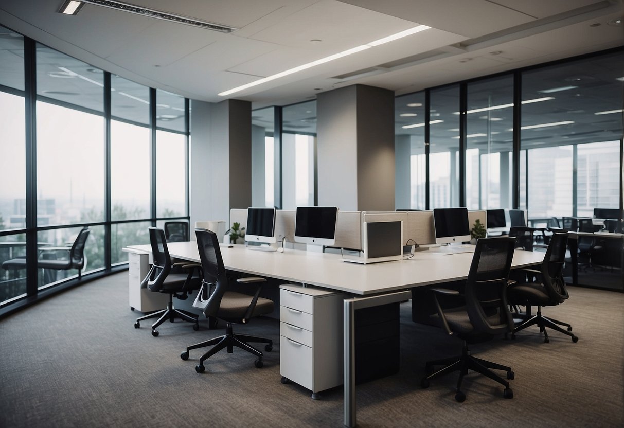 A modern office space with sleek, ergonomic furniture arranged in a professional and organized manner, with a prominent "Frequently Asked Questions corporate furniture solutions" sign displayed on the wall