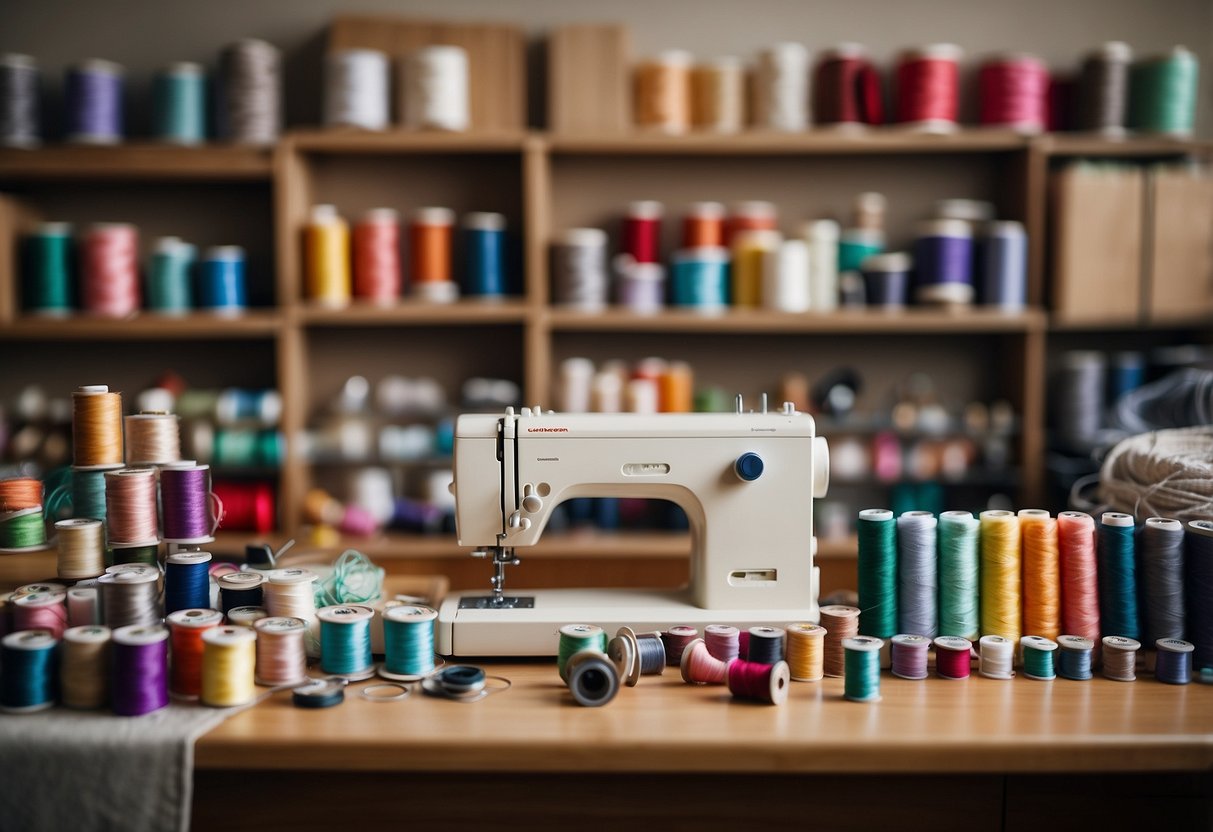 A cluttered craft room with shelves, tables, and chairs. A sewing machine sits on a desk, surrounded by spools of thread and stacks of fabric. Paint brushes, markers, and other art supplies are neatly organized on a shelf