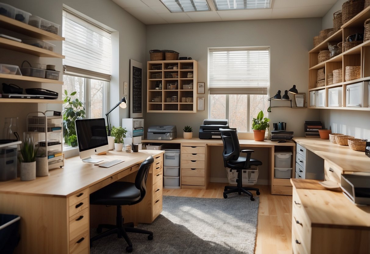 Craft room filled with modern furniture, including a spacious work table, ergonomic chairs, and storage units for organizing supplies. Natural light floods the room, creating a warm and inviting atmosphere