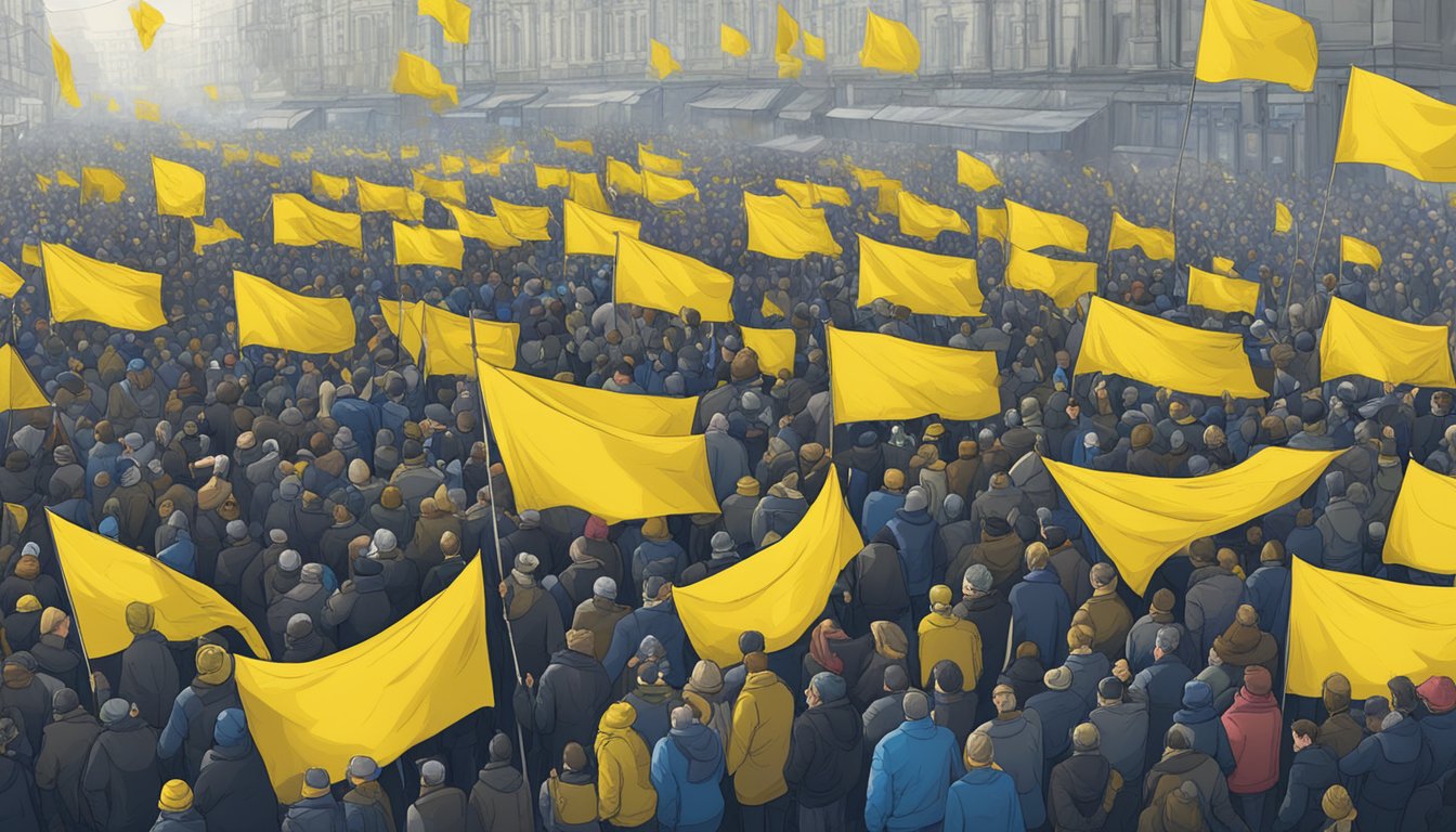 A crowd gathers around a large banner with the Ukrainian flag, while people hold signs and wear clothing with the North Face logo