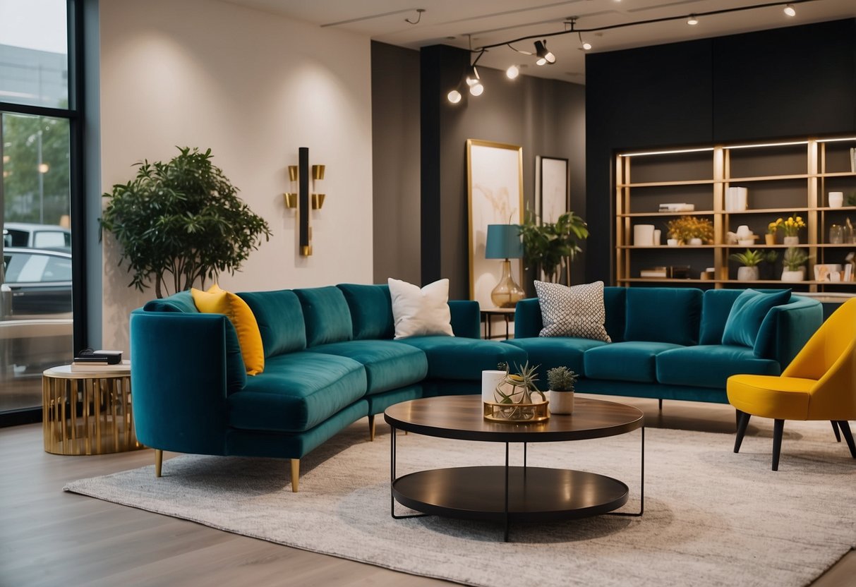 A modern furniture showroom with sleek designs and vibrant colors. Clean lines and open space create a welcoming atmosphere
