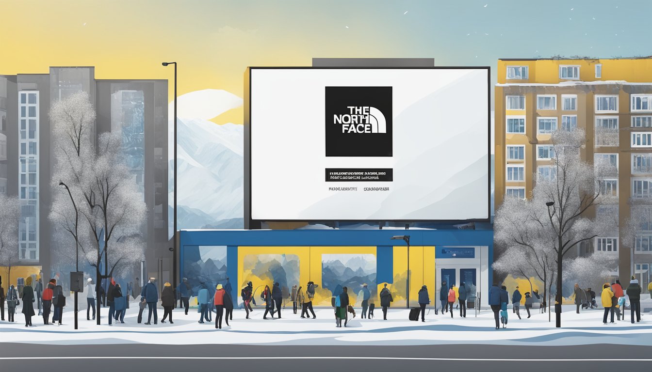 The North Face logo displayed on a billboard at a public event promoting educational initiatives and public awareness in support of Ukraine