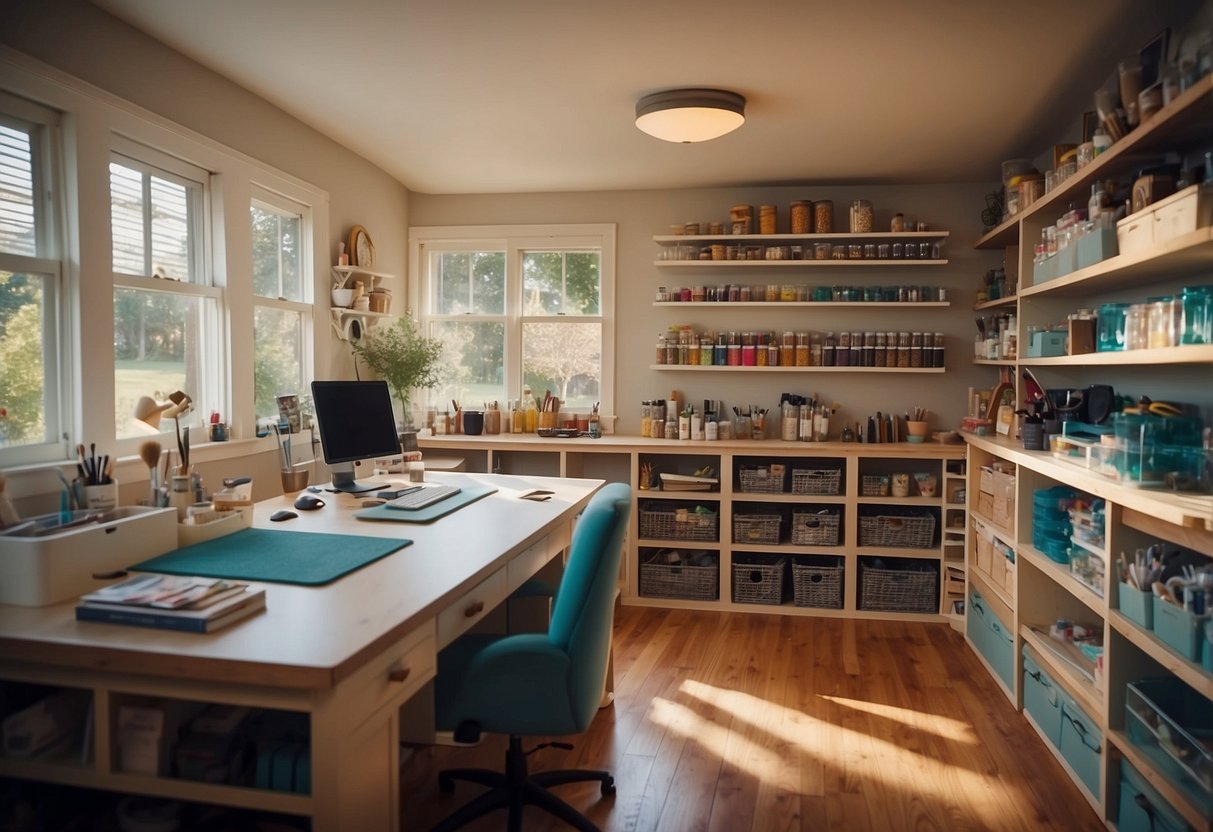 A well-lit craft room with organized shelves, a spacious work table, and comfortable seating for guests. Colorful supplies and tools neatly arranged for easy access