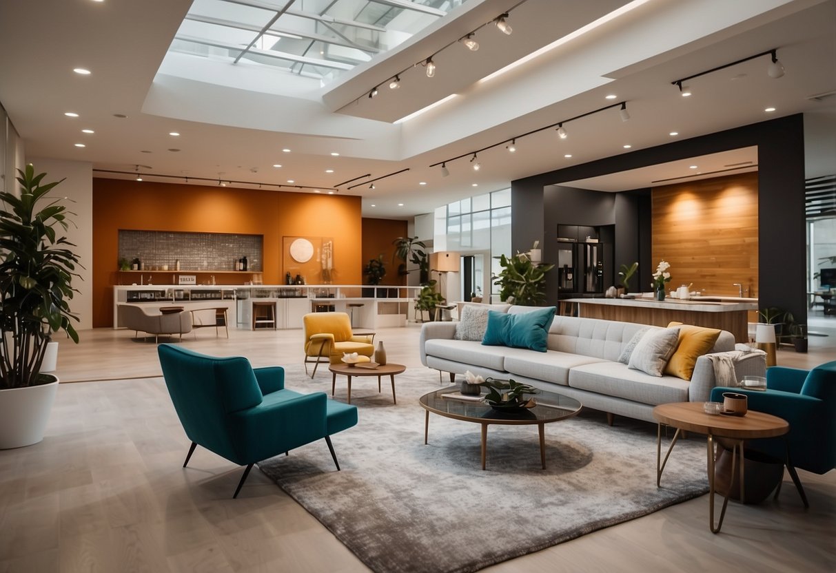 A modern, spacious showroom with sleek furniture displays and vibrant design samples. Bright lighting and clean lines create a welcoming atmosphere