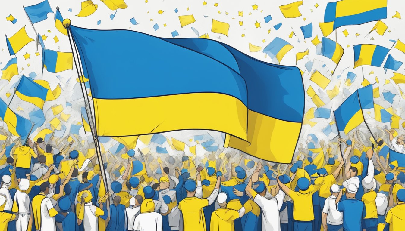 A flag of Ukraine waving proudly while surrounded by supportive messages and symbols from Champion