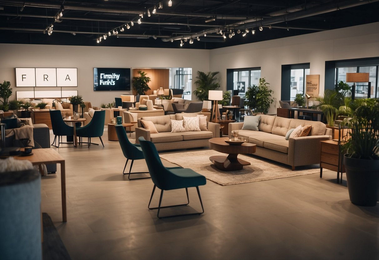 A busy furniture showroom with customers browsing, staff assisting, and a prominent "Frequently Asked Questions" sign displayed