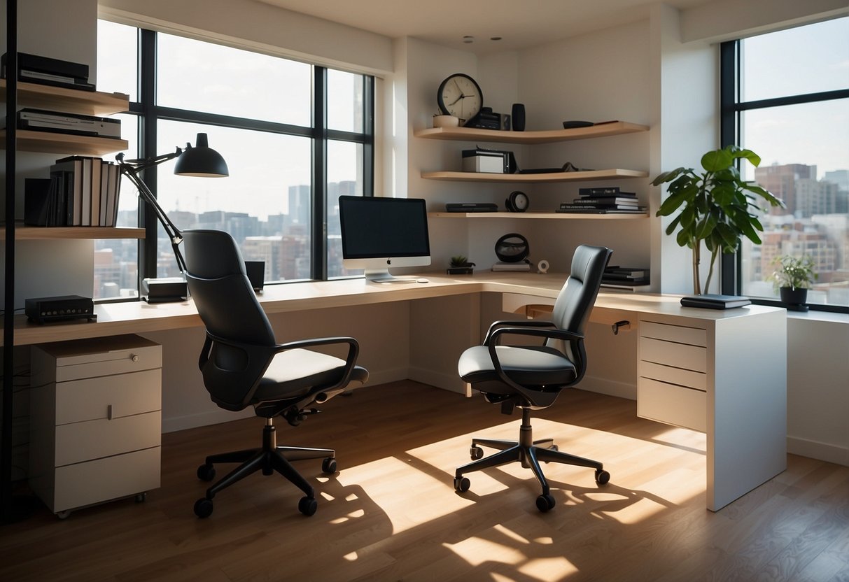 A sleek desk and ergonomic chair sit in a sunlit room, surrounded by custom shelves and storage units. The furniture is modern and stylish, with clean lines and a minimalist design