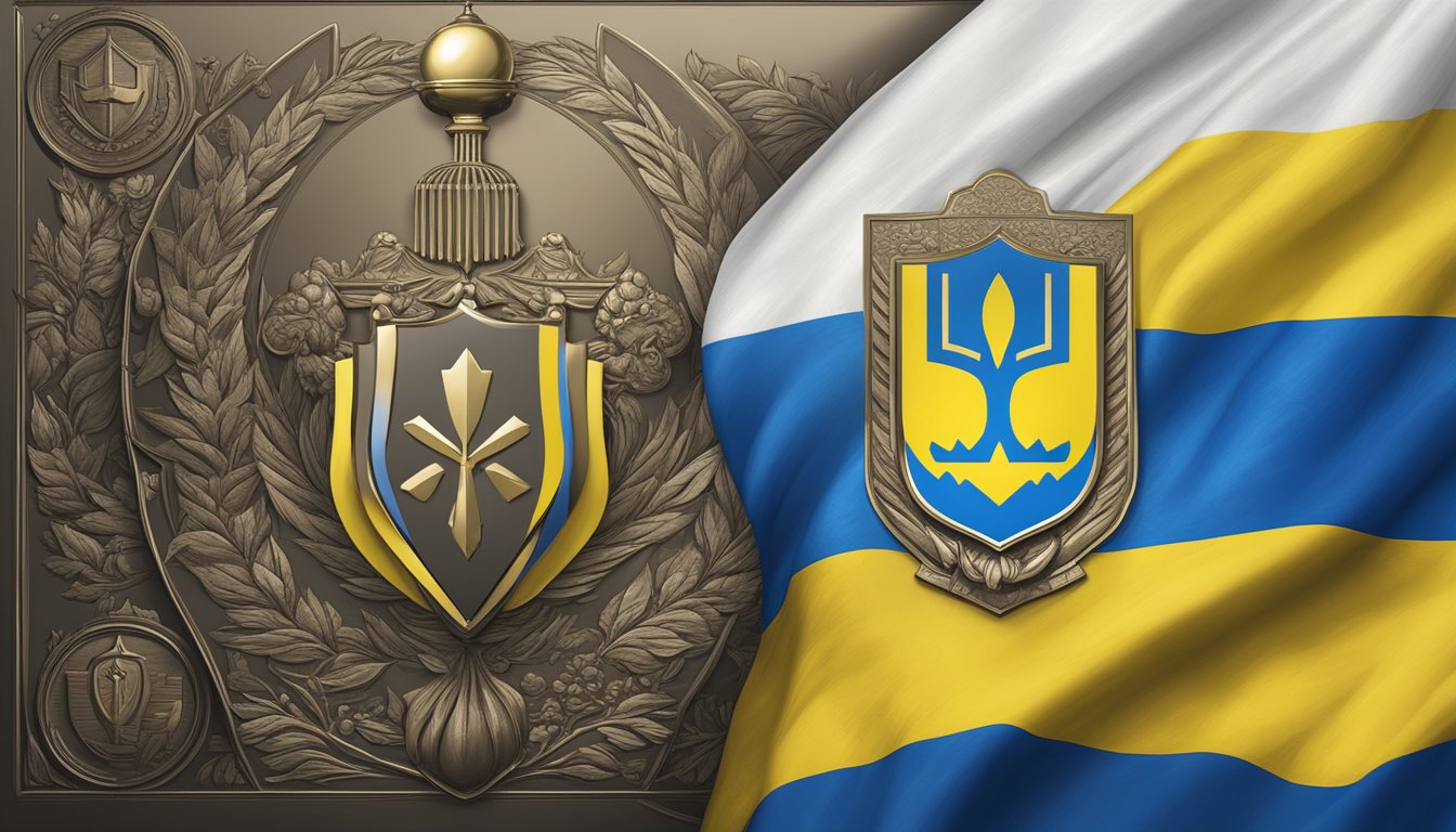 A Ukrainian flag flying proudly next to Champion's History and Values logo