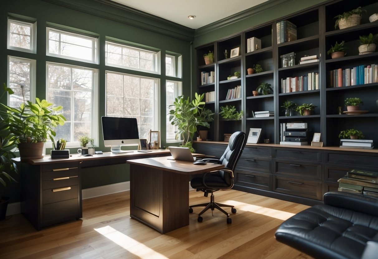 A spacious, well-lit home office with a sleek, custom-made desk and ergonomic chair. Shelves and cabinets line the walls, holding books and office supplies. A large window provides natural light, and a potted plant adds a touch of green