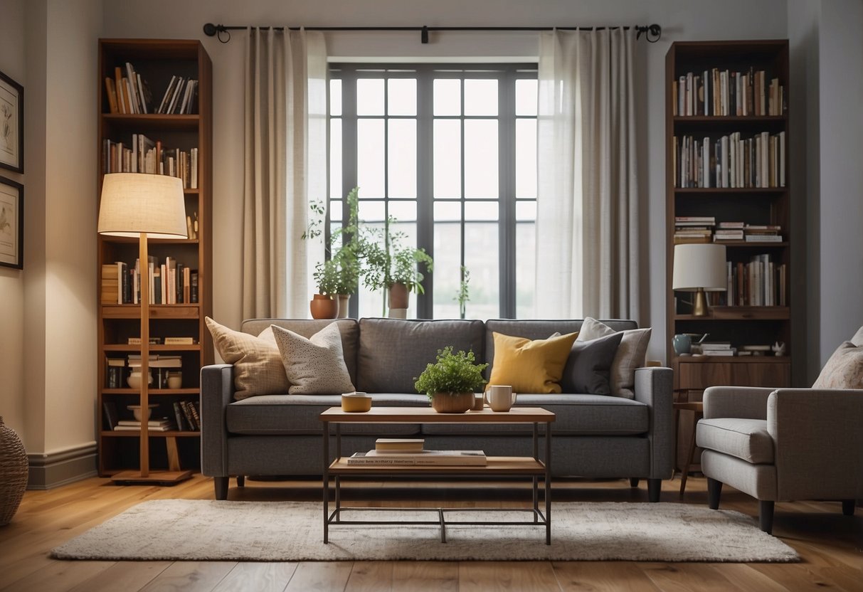 A cozy living room with a sofa, coffee table, and bookshelf. A lamp illuminates the space, and a rug adds warmth to the hardwood floor