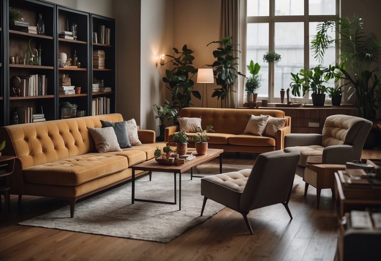 A room filled with various furniture: chairs, tables, sofas, and shelves neatly arranged in a spacious and well-lit interior