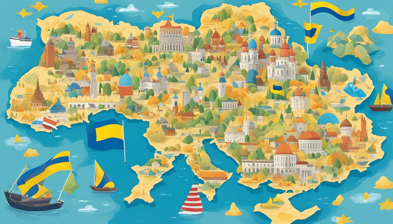 A map of Ukraine surrounded by supportive symbols and flags from around the world