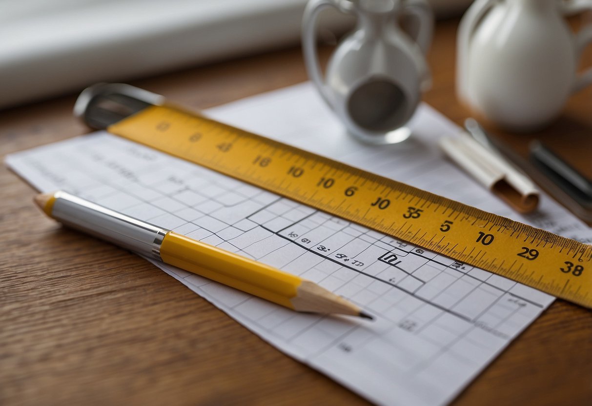 A blank sheet of paper with a pencil and ruler laid out. An assortment of furniture pieces in the background