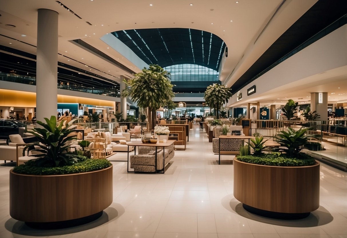 The furniture mall in Tampines bustles with shoppers exploring various showrooms and displays of modern and classic pieces
