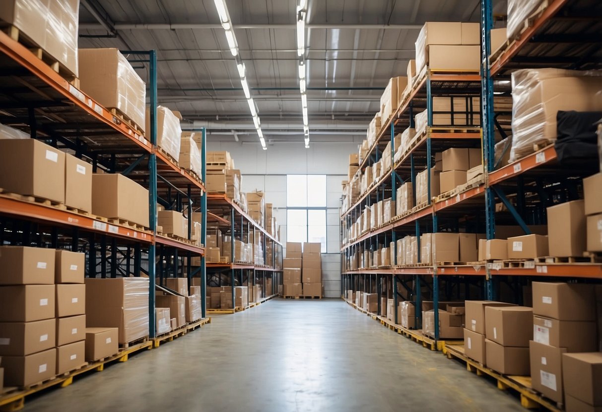 A well-organized warehouse with labeled shelves and neatly stacked furniture items