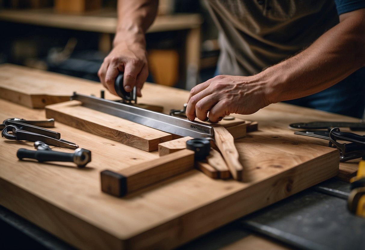 A craftsman measures, cuts, and assembles wood pieces for custom home office furniture in a workshop filled with tools and materials