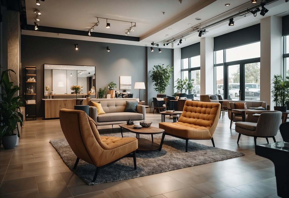 A showroom with neatly arranged furniture, well-lit and spacious, with clear signage and easy access for customers