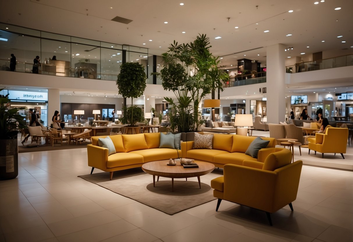 Customers browse furniture displays in Tampines mall. Brightly lit showrooms showcase a variety of styles and designs. Furniture pieces are arranged neatly, inviting exploration