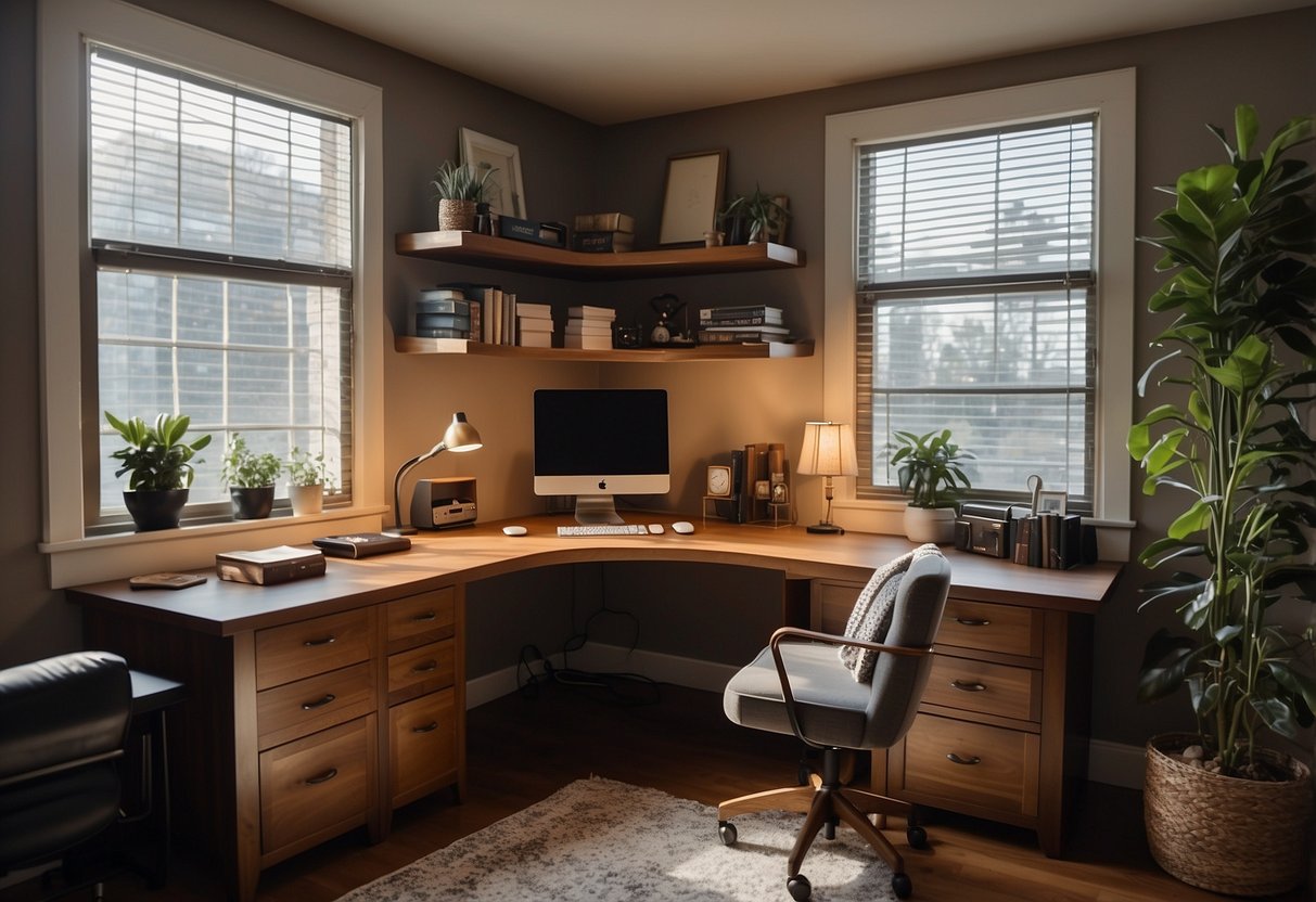 A cozy home office with a custom-made desk, ergonomic chair, and organized shelves. A laptop, notepad, and pen sit on the desk, with a large window letting in natural light