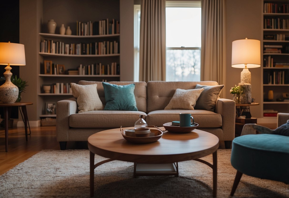 A cozy living room with a comfortable sofa, coffee table, and bookshelf. A lamp provides warm lighting, and a rug adds a pop of color