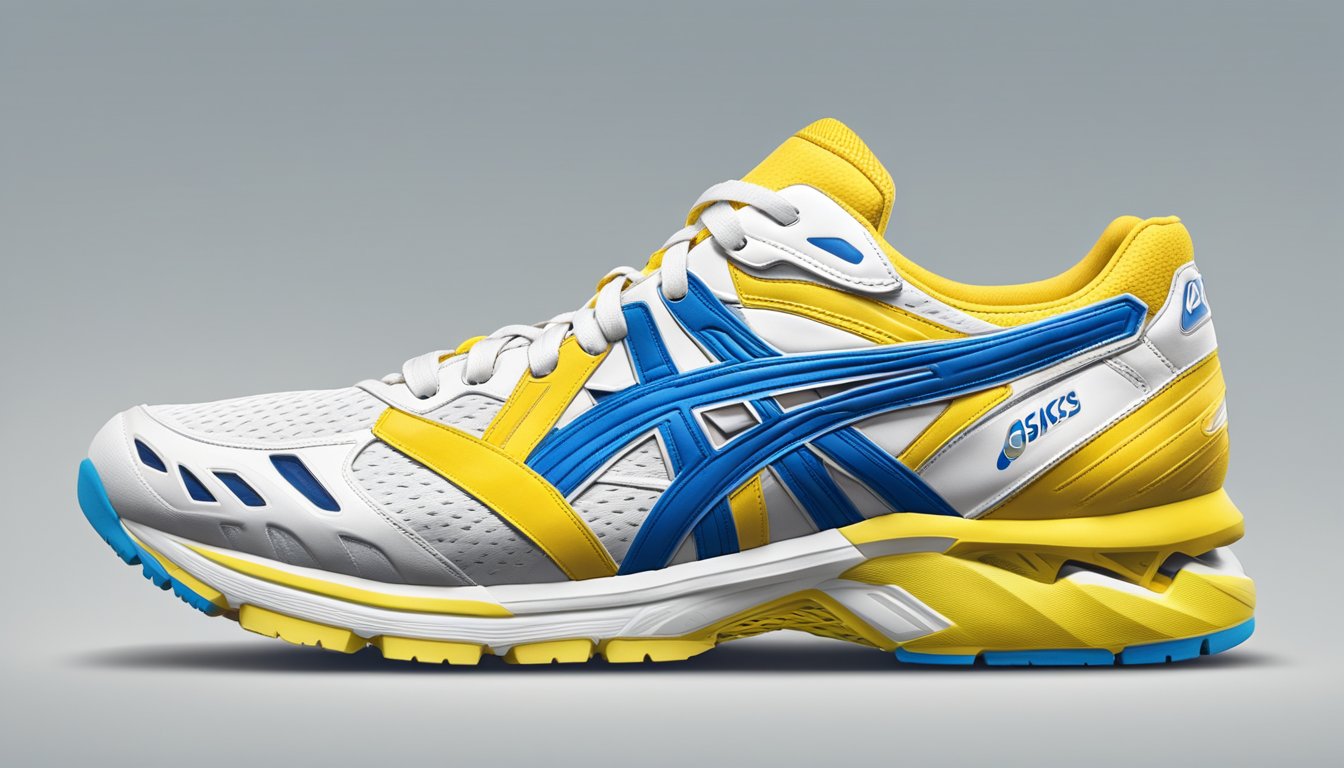 A pair of Asics sneakers with the colors of the Ukrainian flag displayed prominently on the shoes