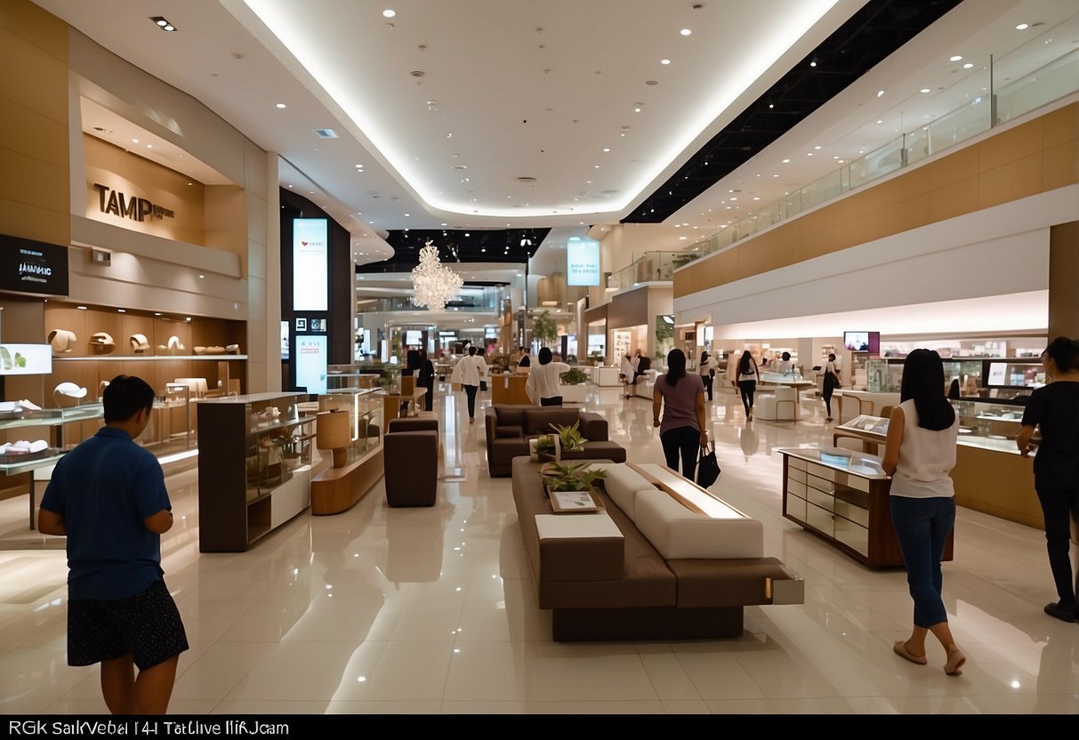 Customers browse modern furniture displays at Tampines Mall. Staff assist with inquiries and purchases, ensuring a positive shopping experience