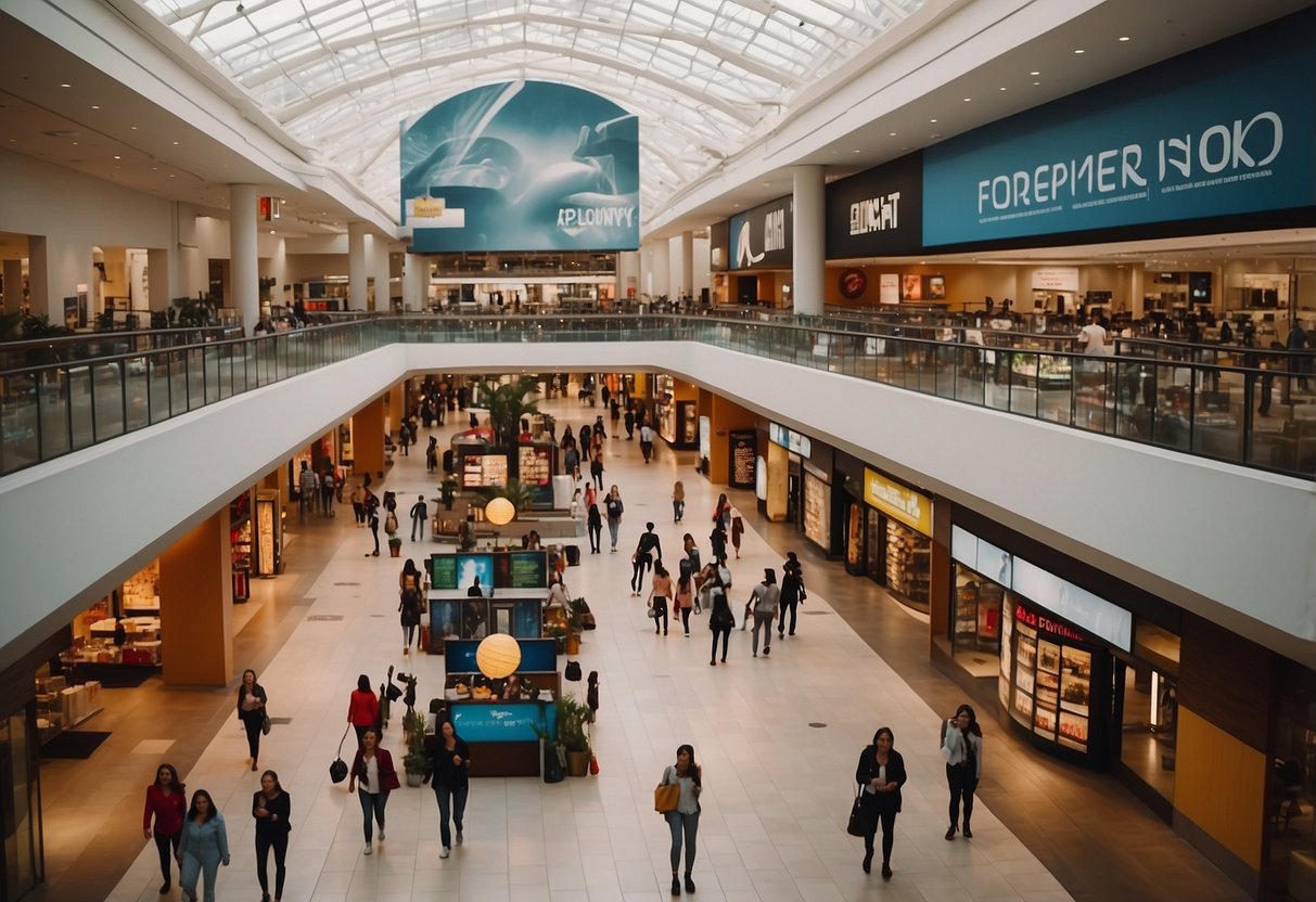 A crowded furniture mall with colorful displays and bustling shoppers. Signs and banners display "Frequently Asked Questions" throughout the mall