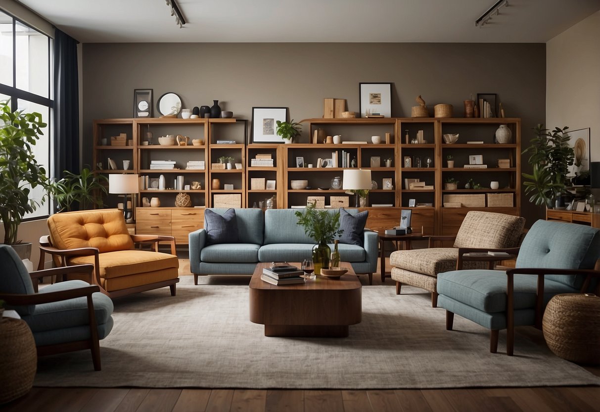 A room filled with various types of furniture neatly organized and labeled with "Frequently Asked Questions" tags