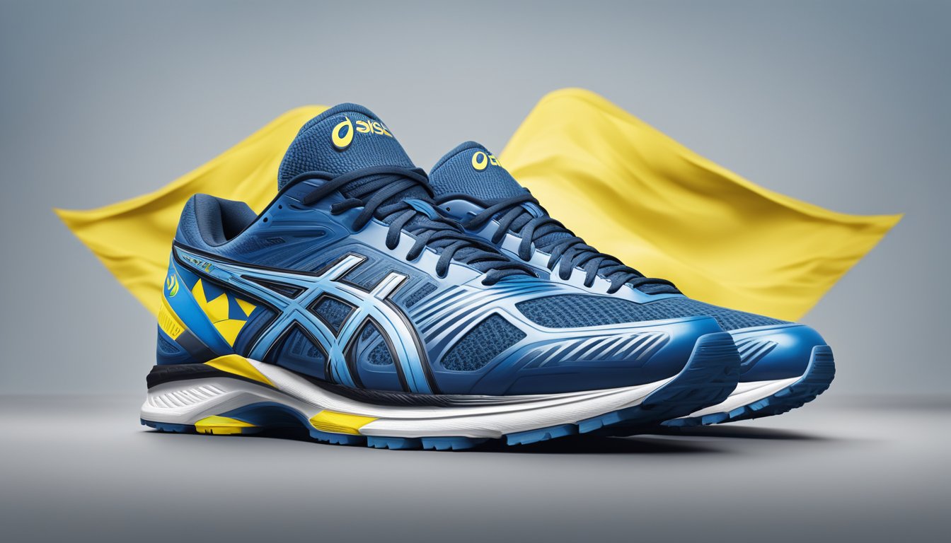 Asics logo displayed prominently with Ukrainian flag in background