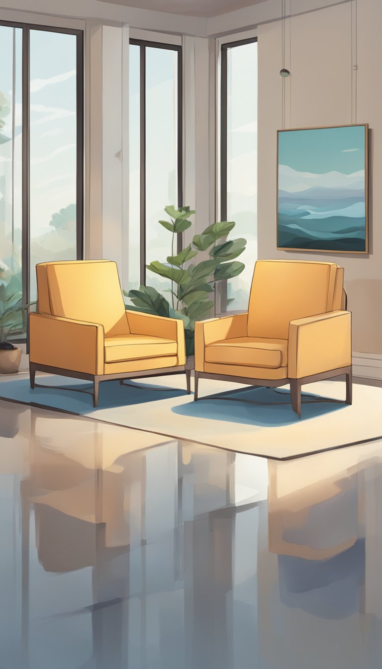 A peaceful mediation room with two chairs facing each other, symbolizing a calm and cooperative atmosphere. A scale in the background represents balance and fairness