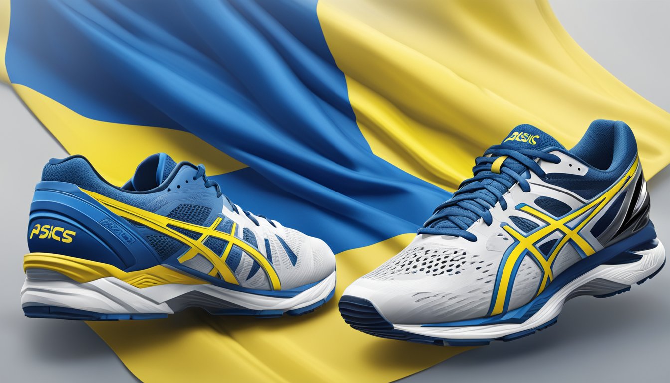 Asics logo displayed with Ukraine flag in background