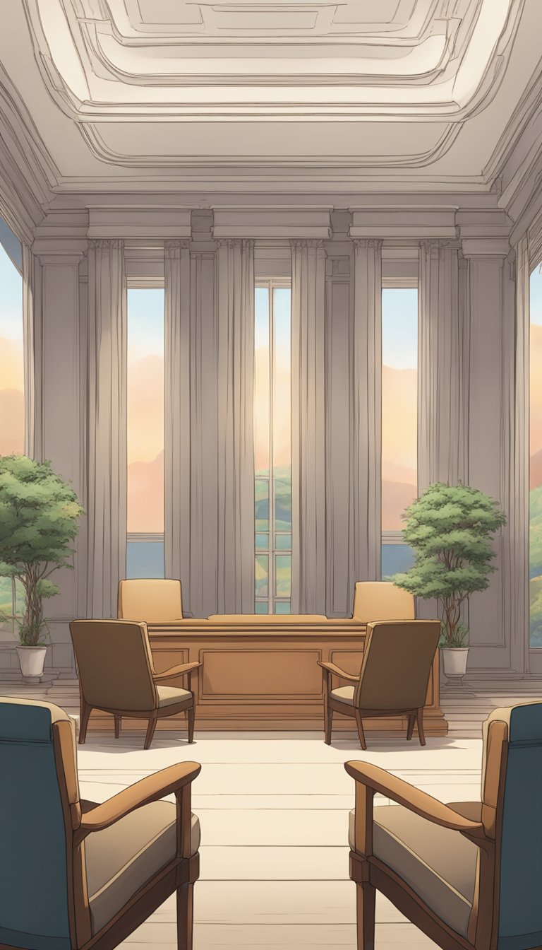 A serene mediation room with two empty chairs facing each other, symbolizing the peaceful and collaborative nature of mediation over the adversarial process of litigation