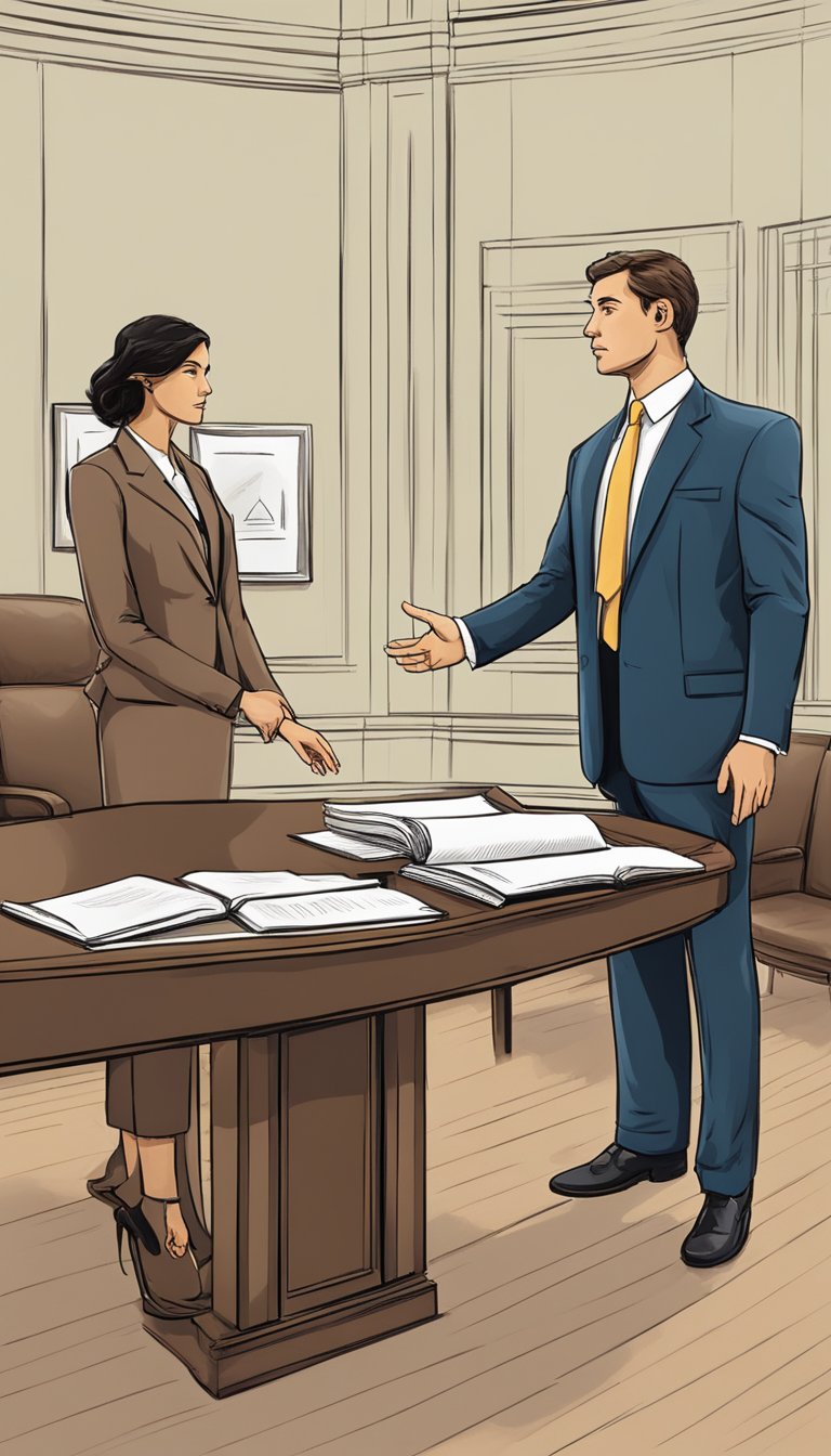 A professional mediator and a lawyer stand on opposite sides of a table, representing the two options of mediation and litigation. The mediator gestures towards a peaceful resolution, while the lawyer points towards a courtroom