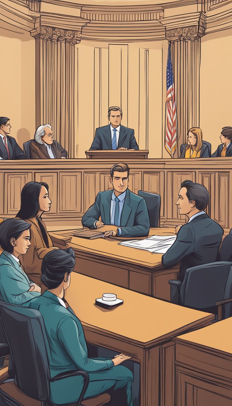 A mediator sits at a table between two parties, calmly facilitating a discussion. A courtroom looms in the background, symbolizing the alternative of litigation