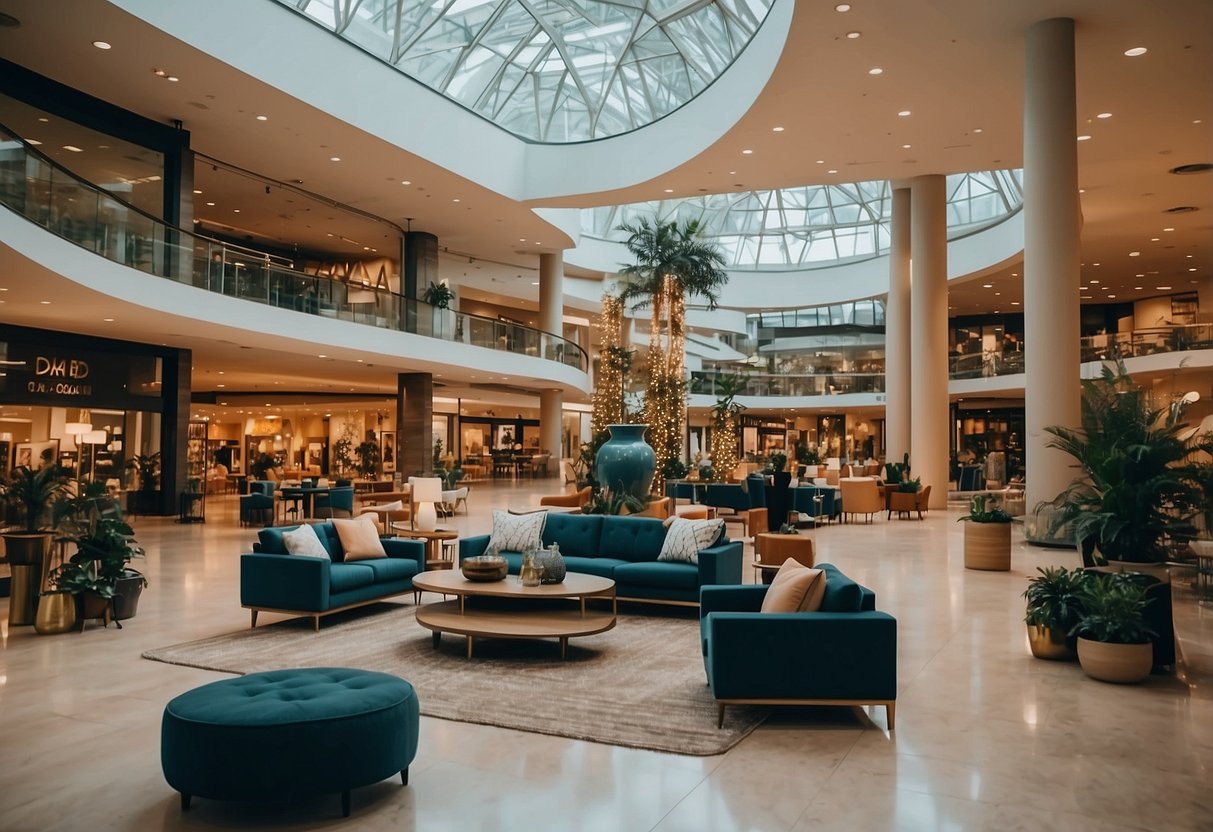A spacious furniture mall with modern displays and vibrant decor. Shoppers browse through various furniture sets and home decor items