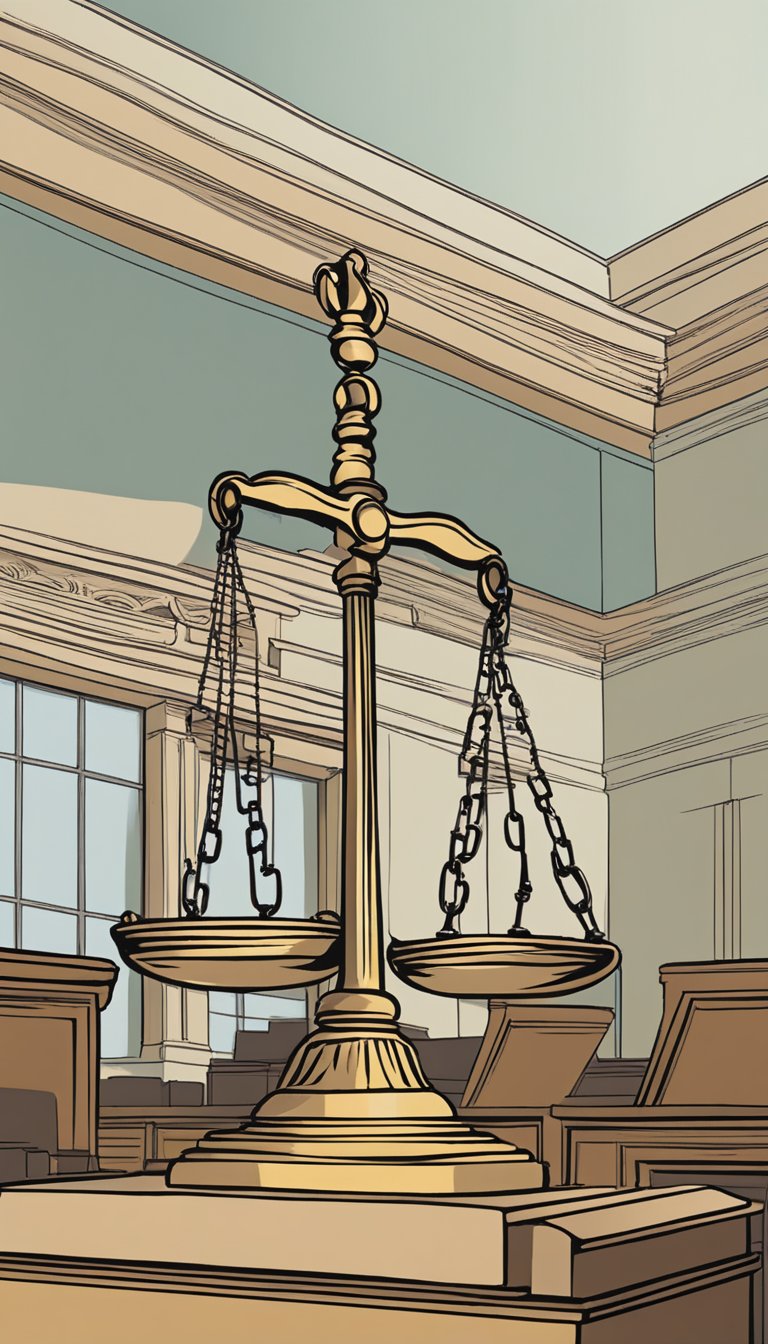 A scale tips in favor of mediation over litigation in a Denver courtroom, symbolizing the preference for peaceful resolution