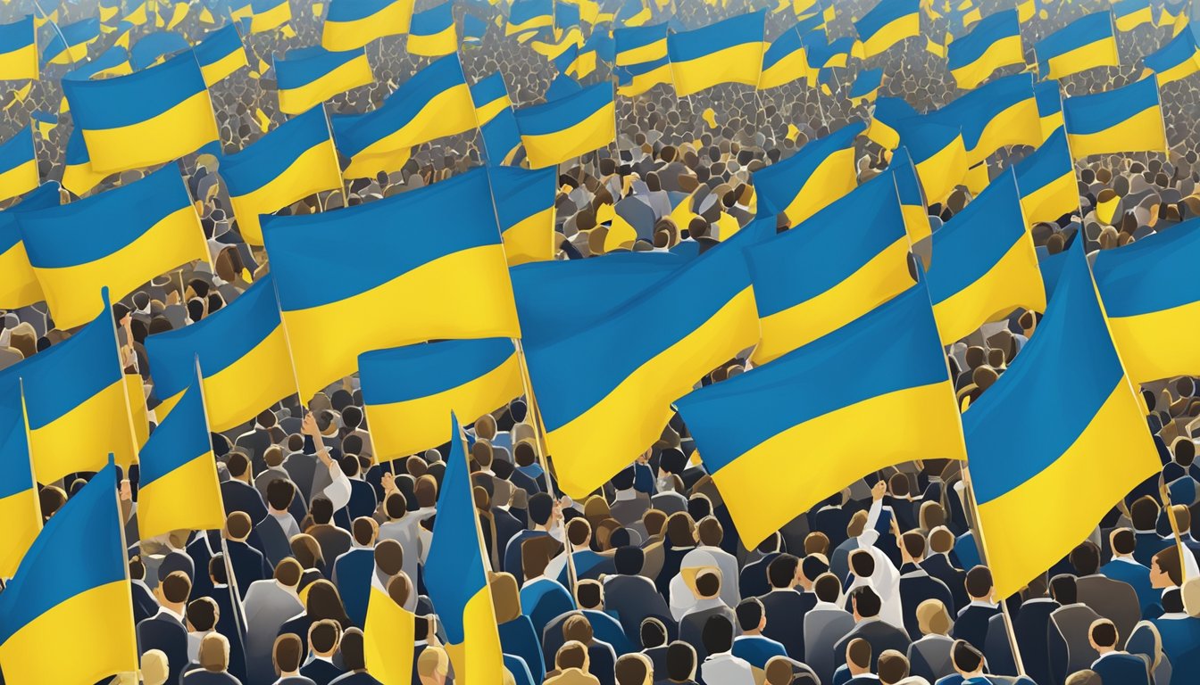 A flag of Ukraine flying high above a crowd of people, with banners and signs showing support for Ukraine